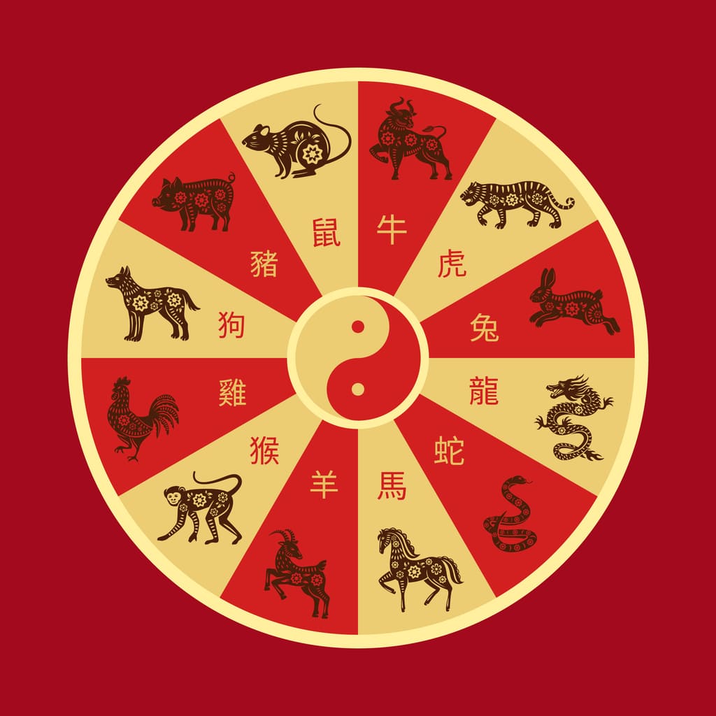 roue du zodiaque chinois et symbole yin yang astrologie chinoise : cheval, rat, boeuf, buffle, lapin, coq, serpent, chien, singe, cochon, tigre, chèvre, dragon