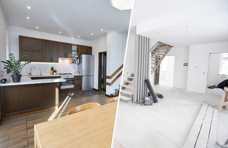photo avant et après travaux d'un intérieur de maison, montrant la décoration intérieure réalisée - travaux de rénovation ou dans logement neuf